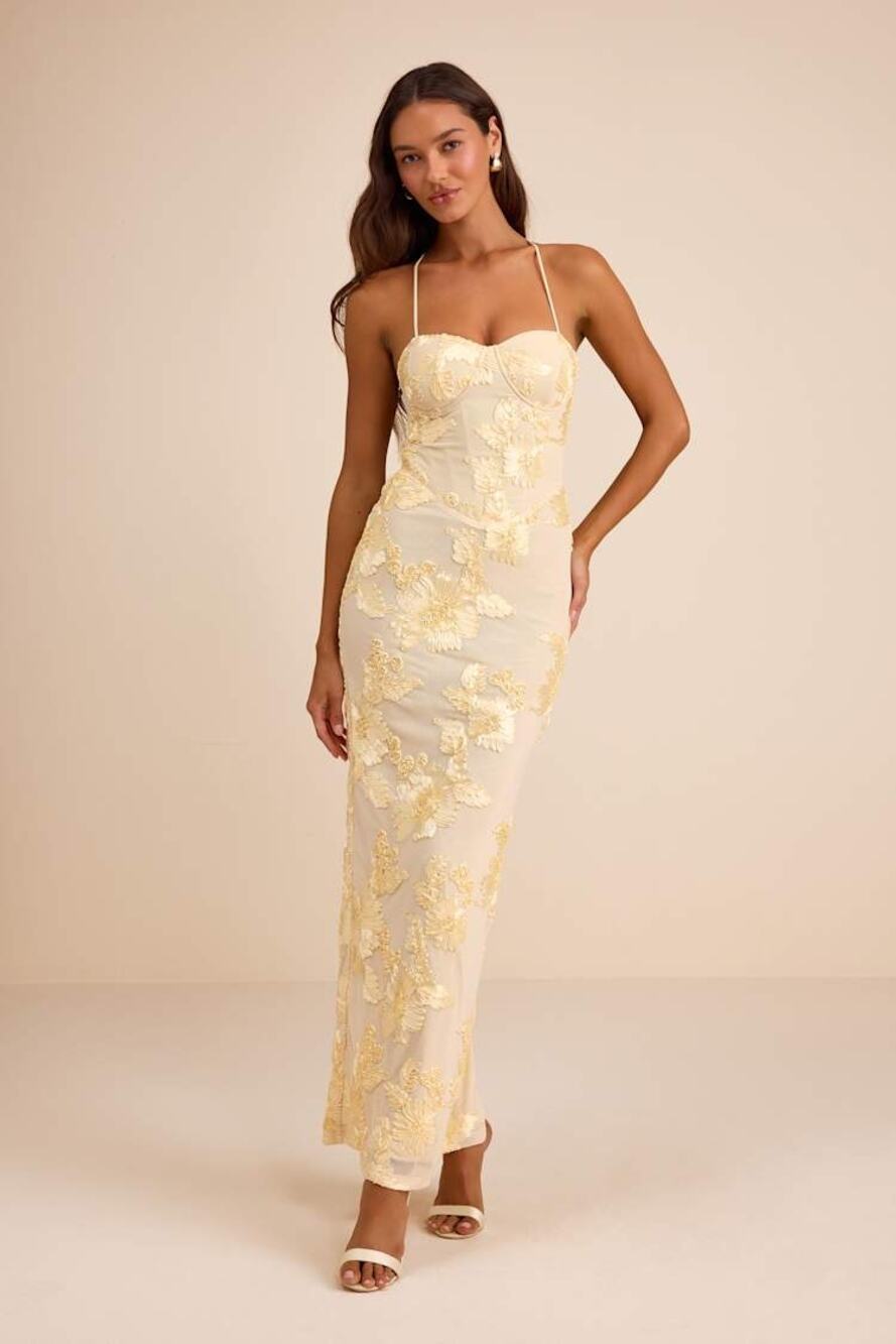 NWT Lulus Nantessa Light Yellow Floral Applique Lace-Up Maxi Dress Small